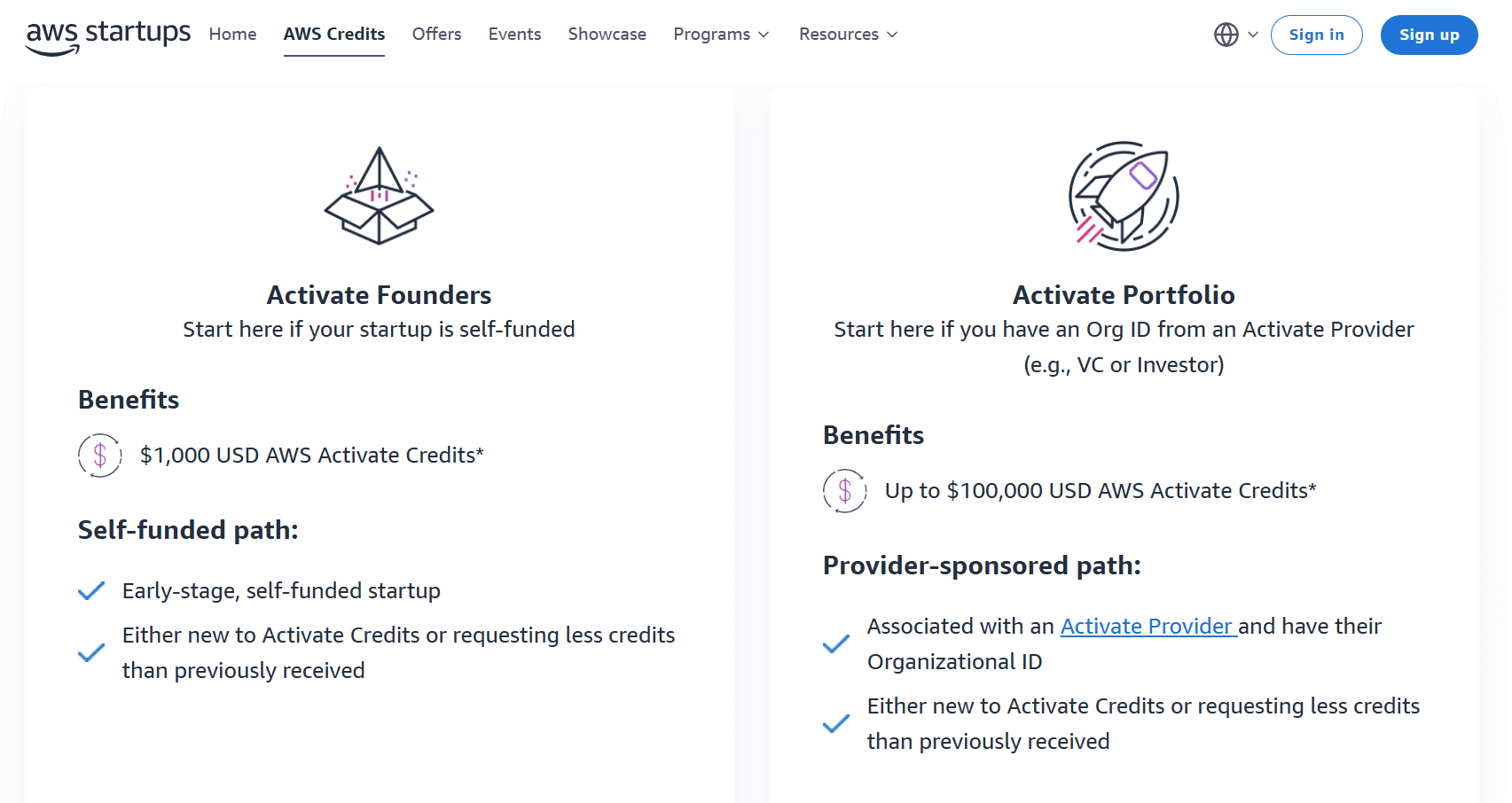 Screenshot comparing AWS Activate Founders and Activate Portfolio packages.