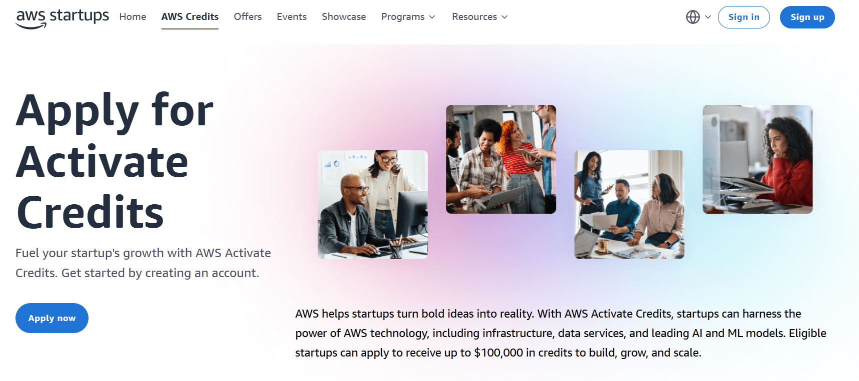 Screenshot of the AWS Activate Credits page for startups